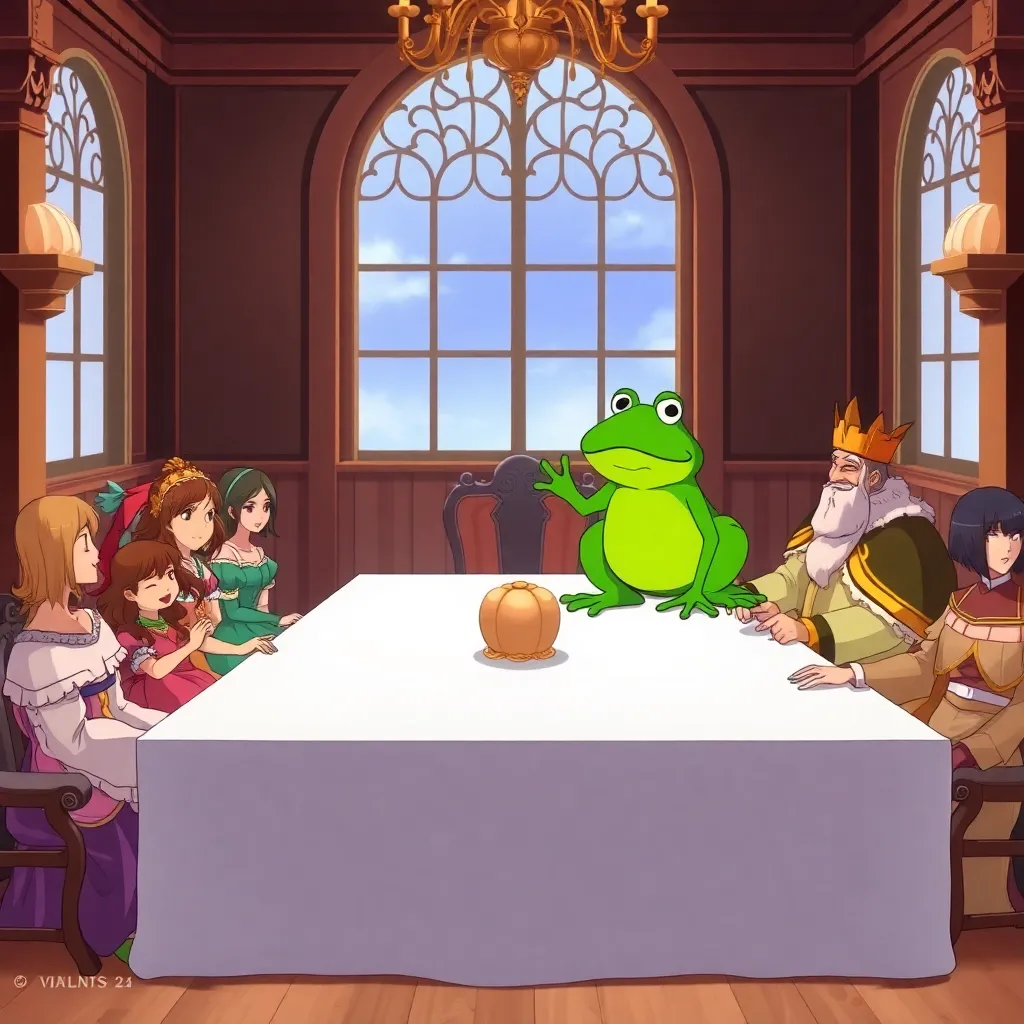 anime 
The princess returns to the royal palace and sits down at a long feasting table surrounded by courtiers. A frog jumps up behind her and demands that she keep her promise. The princess is displeased, but the king sitting next to her reminds her of her honor.