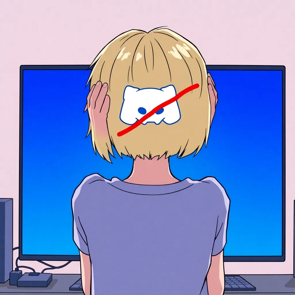 A blonde girl with a short haircut sits with her back to the viewer in front of a computer monitor, the blue screen of the monitor shows the Discord logo crossed out with a thick red line. The girl clutches her head with her hands, it looks like she is crying