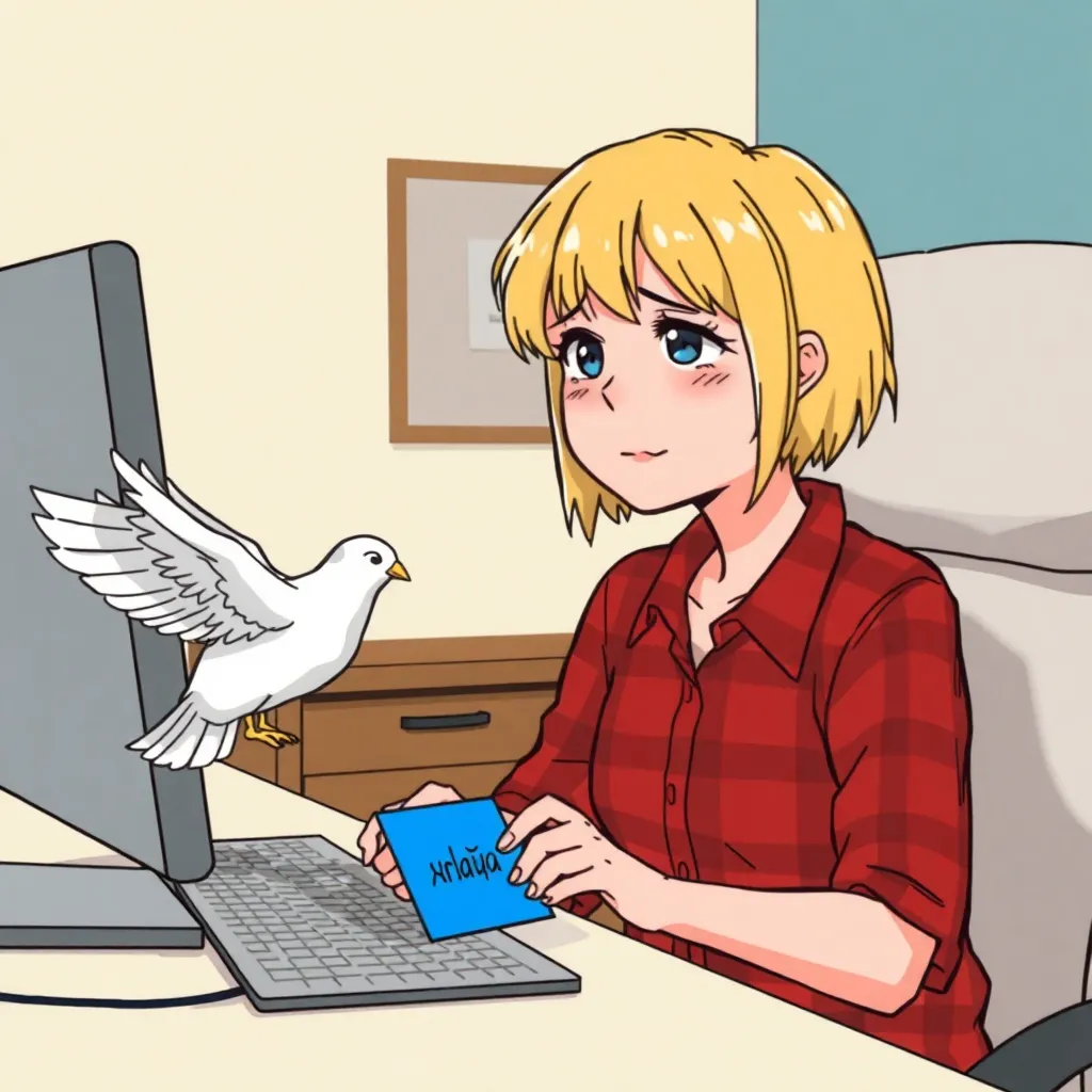 a blonde girl with shorthair is dressed into a red checkered shirt , is sitting at a computer desk   and crying, a white bird, similar to a dove, lands on the desk, the bird holds a blue card with the inscription Ульта in its beak. 