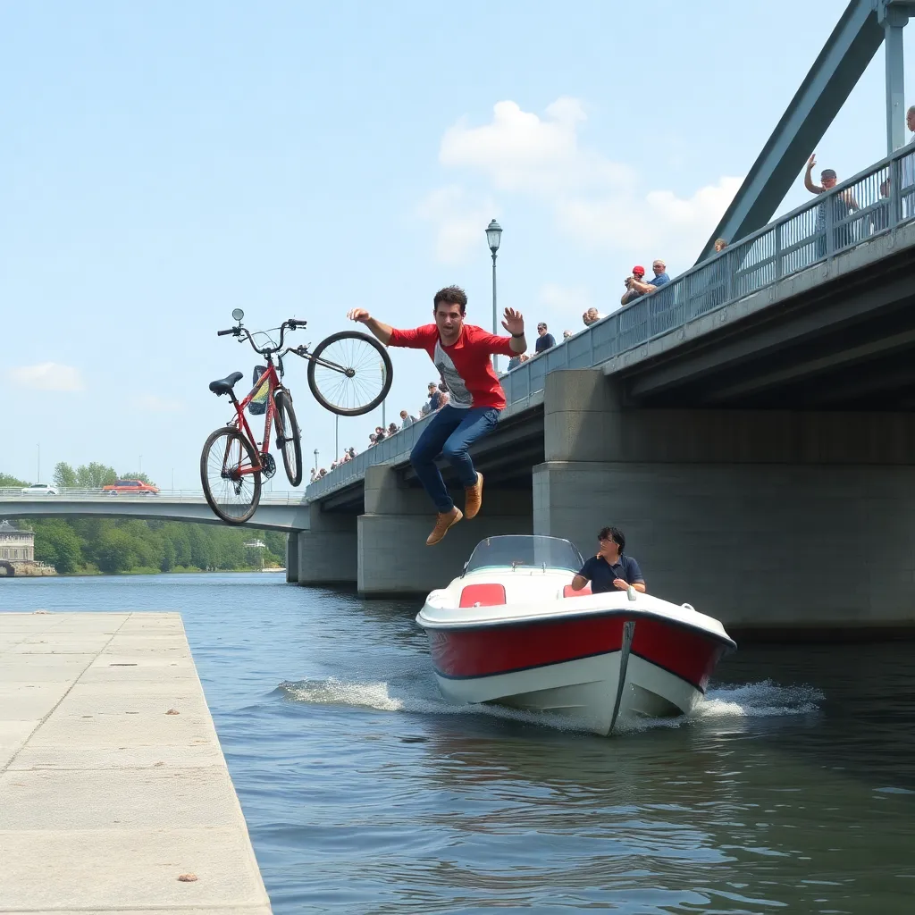 Guy steals a bicycle, eludes police, jumps off a bridge into the water and steals a boat
