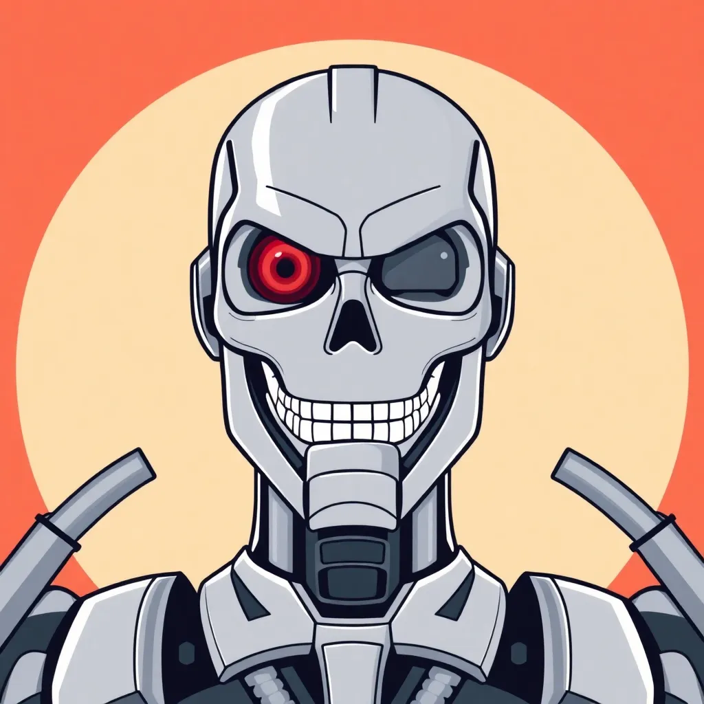 kind smiling T1000 terminator robot, one red eye, profile picture, clean full-face straight front view, symmetric design, clean colored background, simple lines, minimalistic style, high contrast, large logo, vector drawing, material design style, digital art, flat colors, soft lighting, vibrant red and silver, frontal perspective, high quality