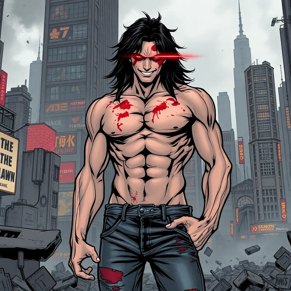 Tall man
195 cm
very black hair
Laser-red eyes
Muscular body
Torn jeans
Battle damage
Megacity ruins
Wicked smile
Gloating
Post-battle
Superhero aesthetic
Futuristic metropolis
blood on face
shirtless
without a suit
Human
muscles
not wide
thin