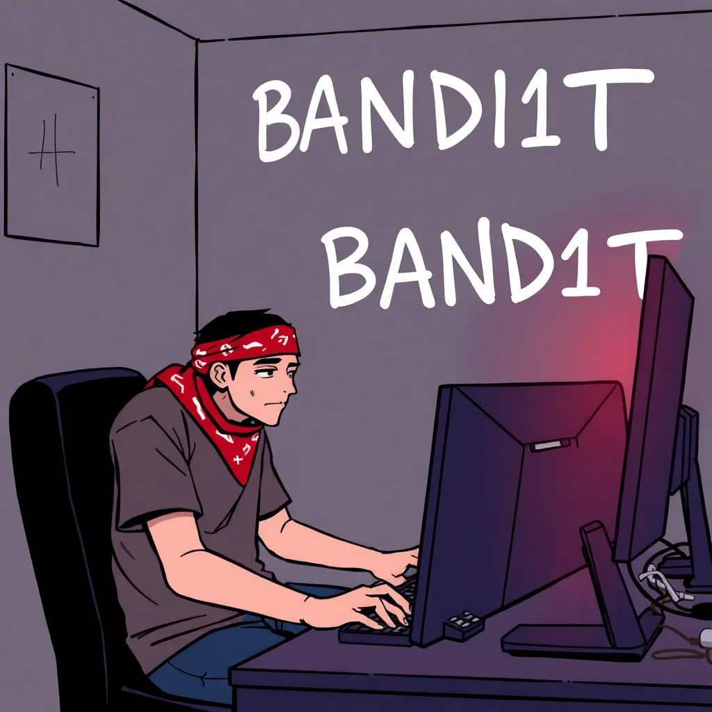 A guy in a bandana is playing a computer, the room is dark, on the wall behind him is written BAND1T