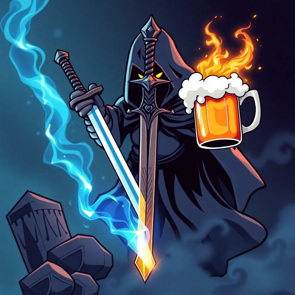 Magic, sword and beer mug icon, fantasy