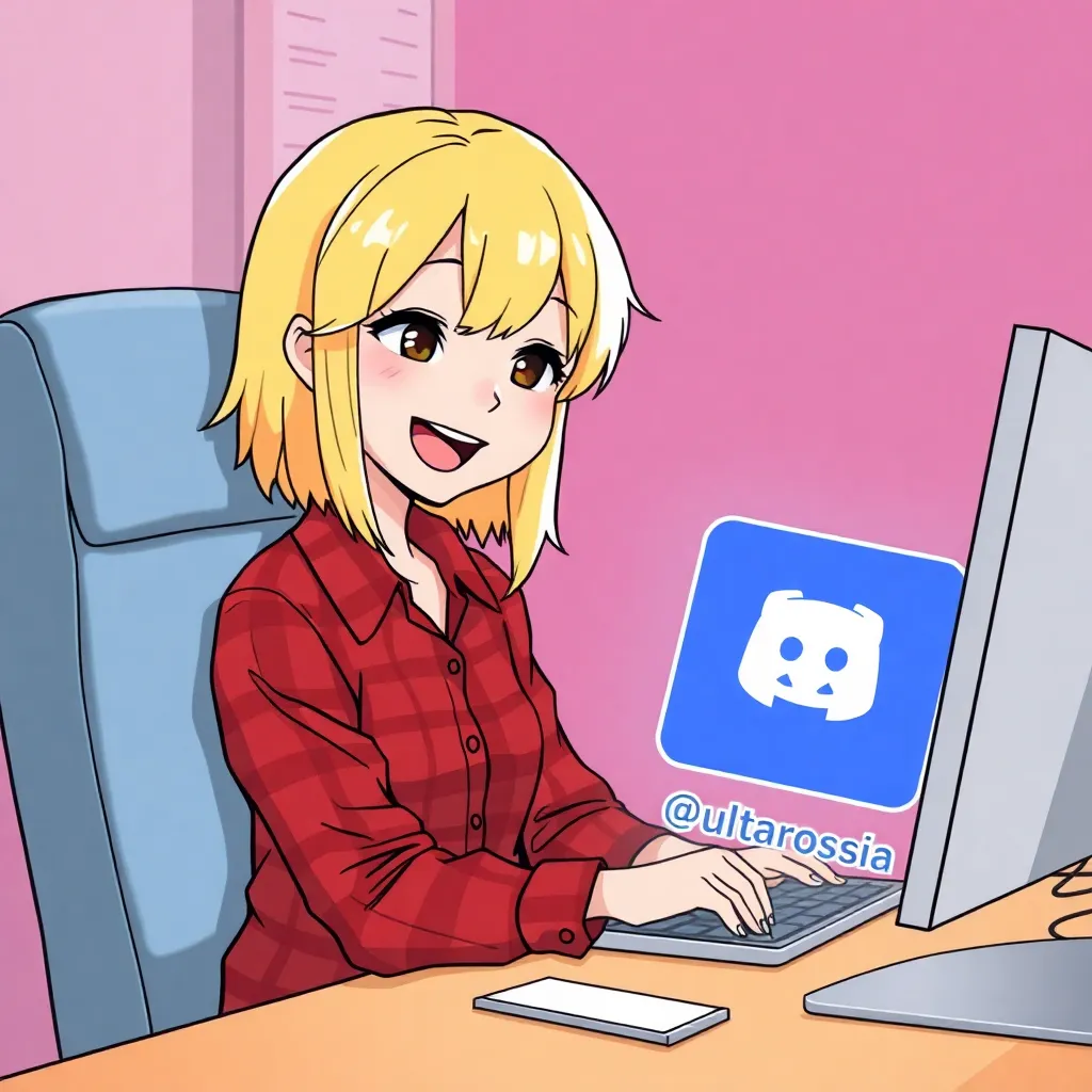 a blonde girl with shorthair is dressed into a red checkered shirt is sitting at the computer desk and looking at her computer's screen, there is Discord messenger logo is dancing with a blue card with the inscription @ultarossia, the girl is happy and smiling