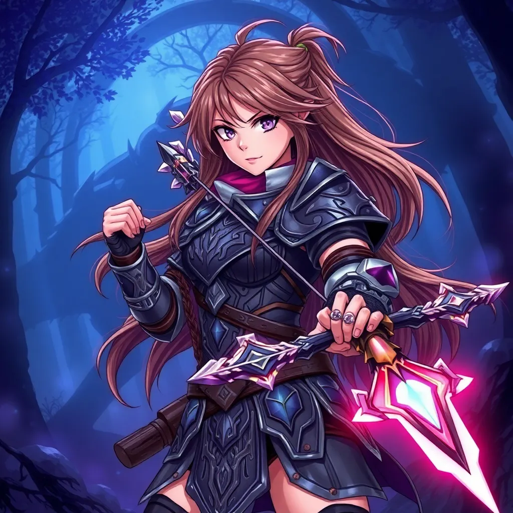 anime-style illustration of a young female monster hunter. She is dressed in fantasy armor, with intricate designs and light but durable metal plates, suited for agility. Her long hair flows dramatically, and she has a confident, focused expression. She wields a unique weapon—such as a bow with glowing arrows or a magical sword. The background is a dark forest with mist and large, eerie monster shadows, adding a sense of mystery. The atmosphere should feel intense, with a mix of blue and purple tones, highlighting her as a fierce yet graceful warrior