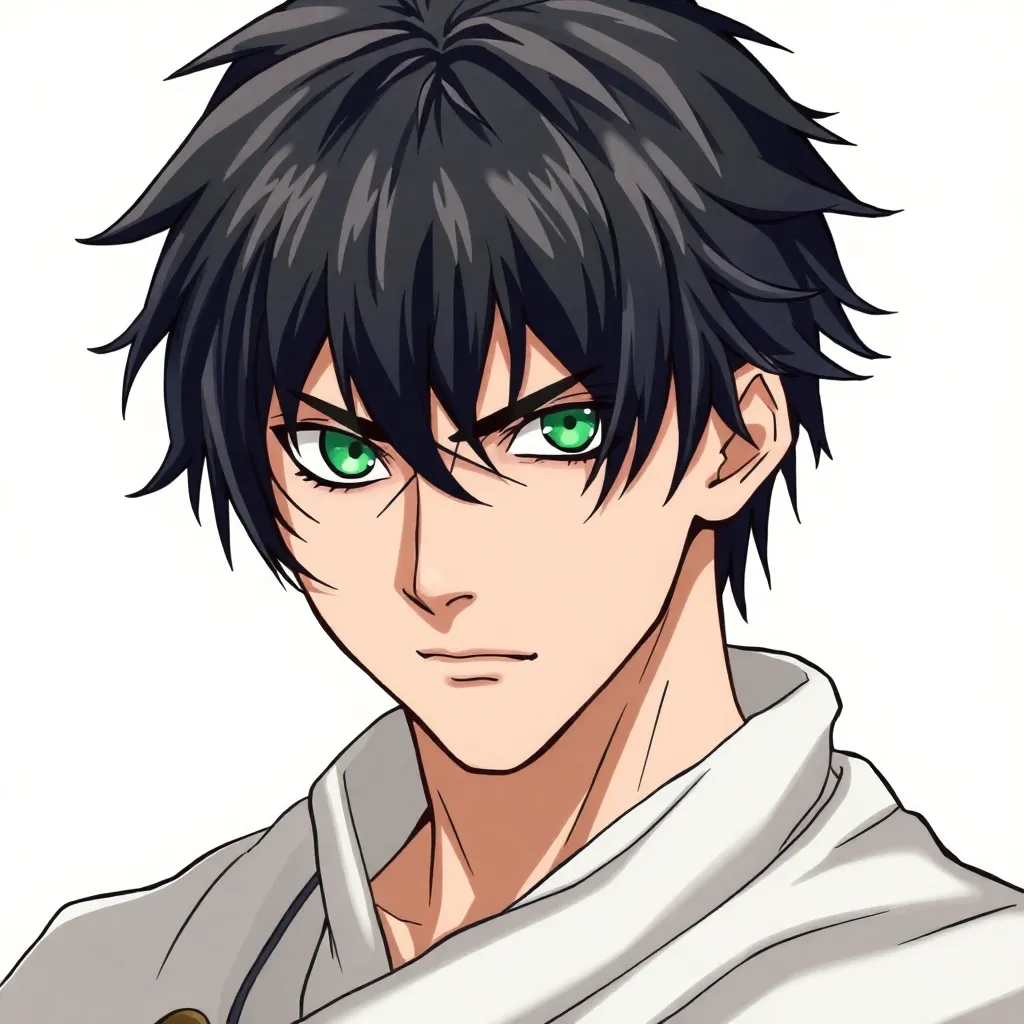 warrior man black hair green eyes 35 years old