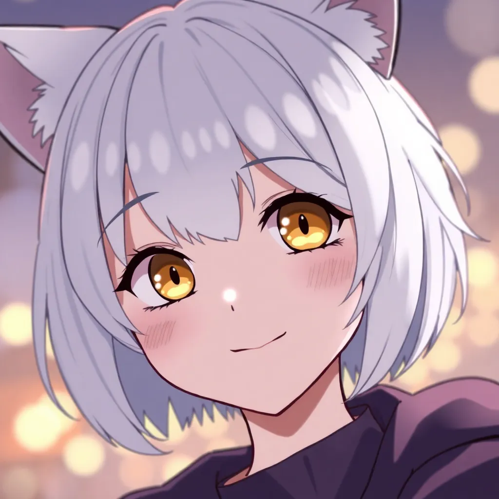 catgirl, cat ears, white hair, golden eyes, bob cut, pov, face closeup, smile