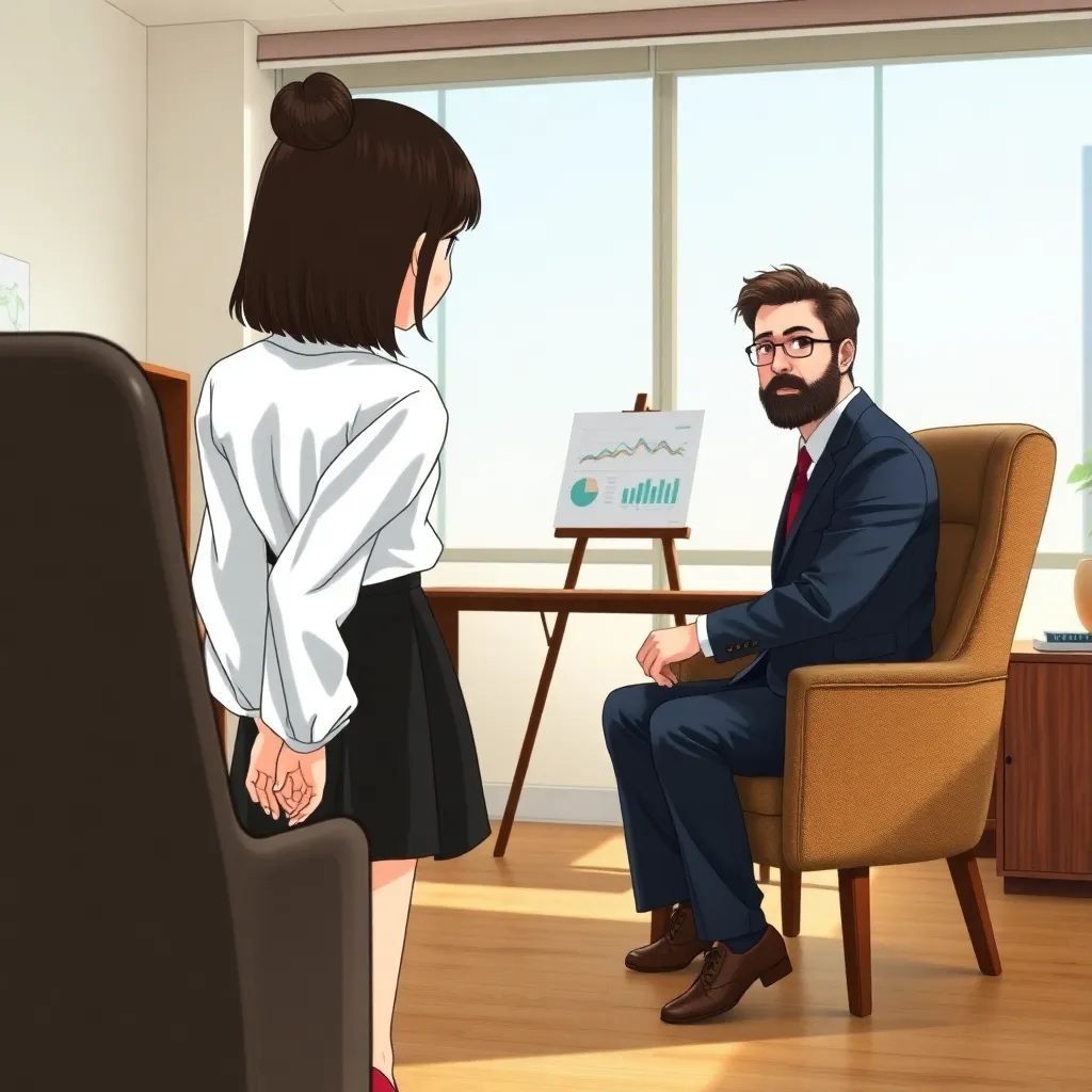 photorealistic, Realism Hayao Miyazaki style, view from afar of a business scene in a neat room illuminated by natural light, on the right side of the screen a man with dark brown hair and beard in a dark blue suit is sitting in an armchair with his back to us, opposite to him, behind a desk, is a full-length girl facing us and the man, with a professional expression on her face, she has realistic facial features expressing interest and knowledge, her gaze is directed at the man, she is wearing a white blouse, a black knee-length skirt and red heeled shoes, her posture is open and turned towards us, her hands are placed in a gesture that explains and complements her speech, in the very background, behind the girl's back, a small stand with graphs on paper can be seen