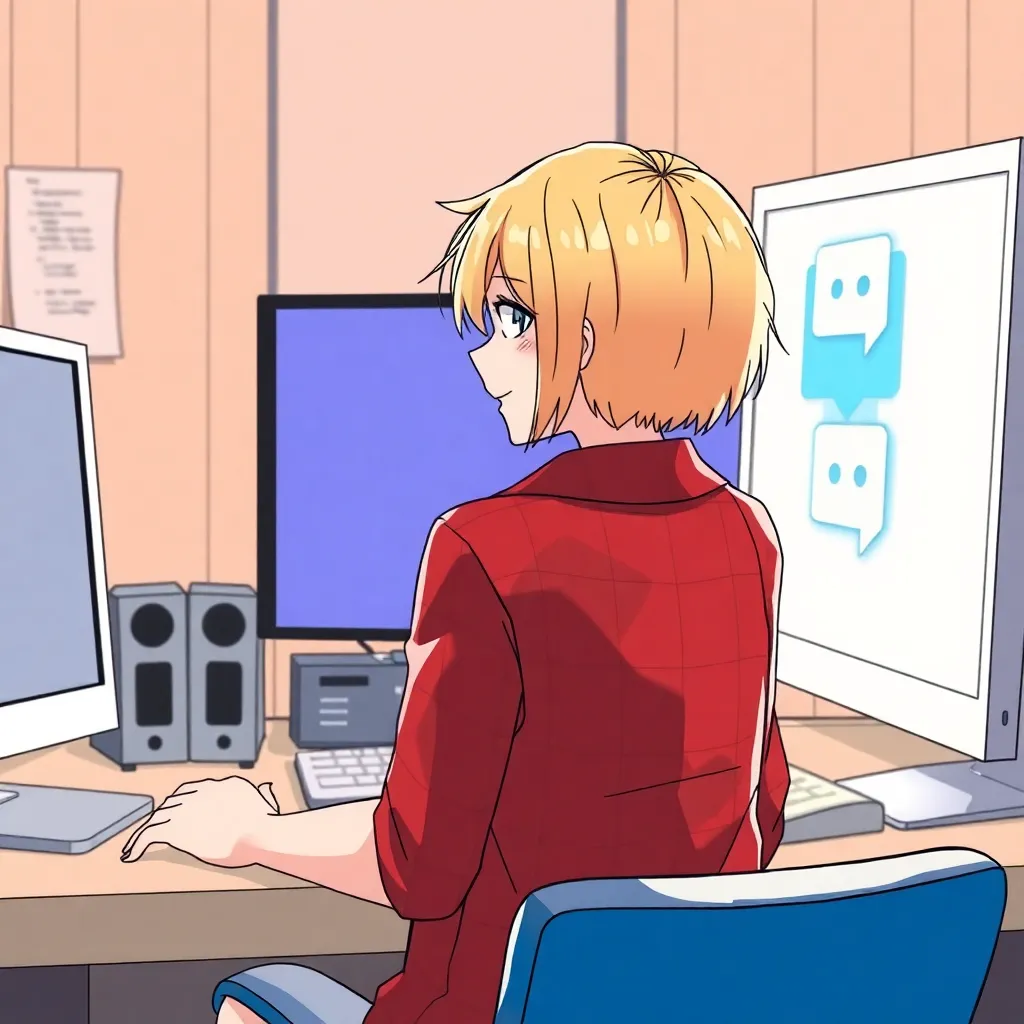 a blonde girl with shorthair is dressed into a red checkered shirt is sitting at the computer desk with her back to  the viewer and looking at her computer's screen, there is Discord messenger logo is dancing with a blue card with the inscription @ultarossia, the girl is happy and smiling