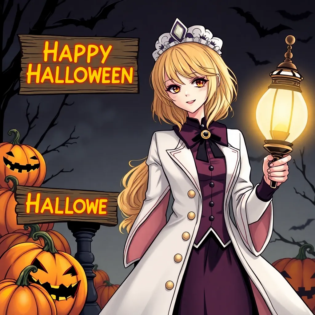 Doctor Elise: The Royal Lady with the Lamp blonde main character Elise. in halloween style with pumpkins and bats with sign happy halloween

