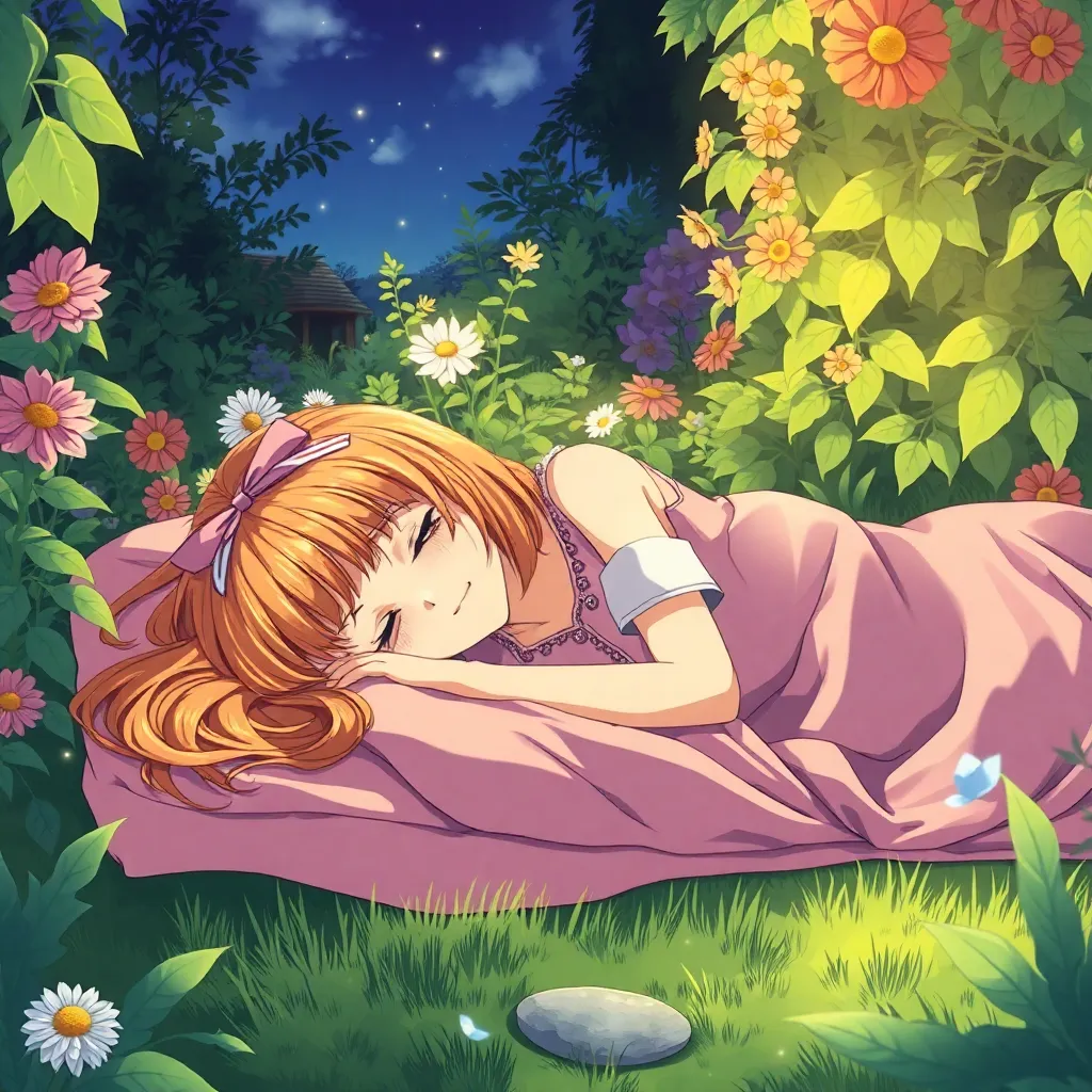 Anime Girl sleeping in the garden 