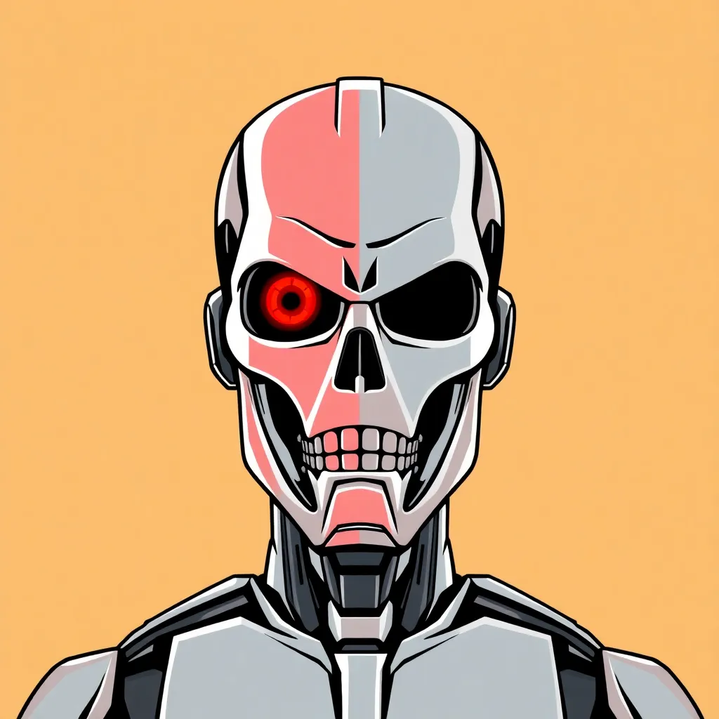 kind T1000 terminator robot, one red eye, profile picture, clean full-face straight front view, symmetric design, clean colored background, simple lines, minimalistic style, high contrast, large logo, vector drawing, material design style, digital art, flat colors, soft lighting, vibrant red and silver, frontal perspective, high quality