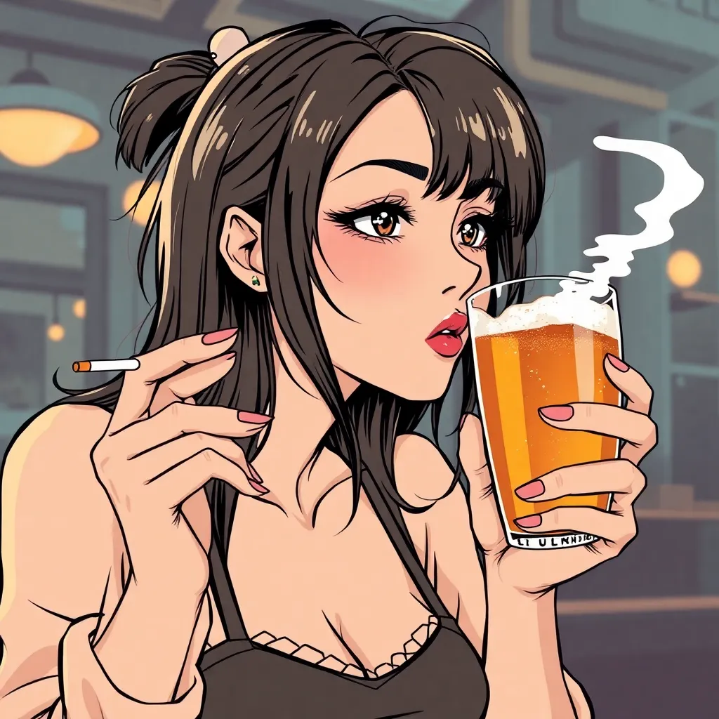 girl with a glass of beer in her right hand smoking a cigarette holding it in her left