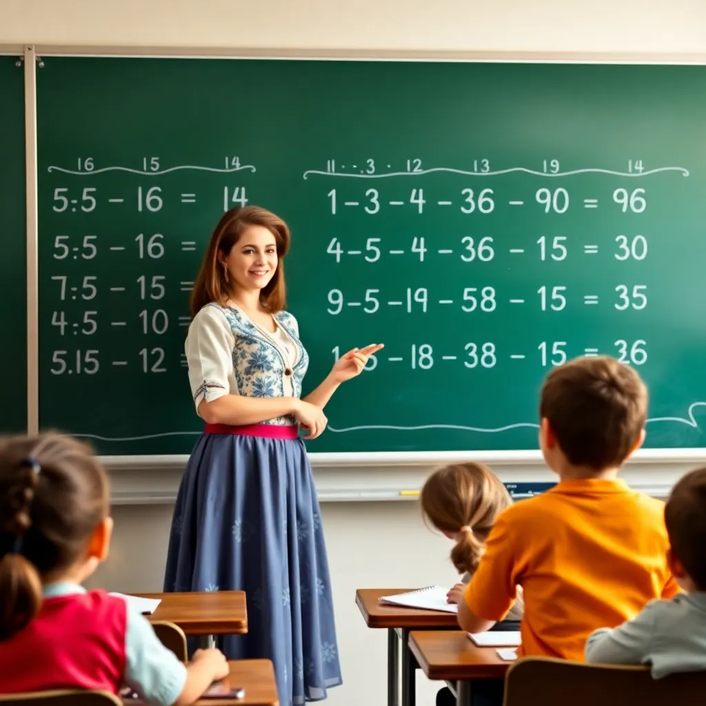 
The Queen of Mathematics stands in front of the blackboard in the school classroom and teaches them the multiplication table