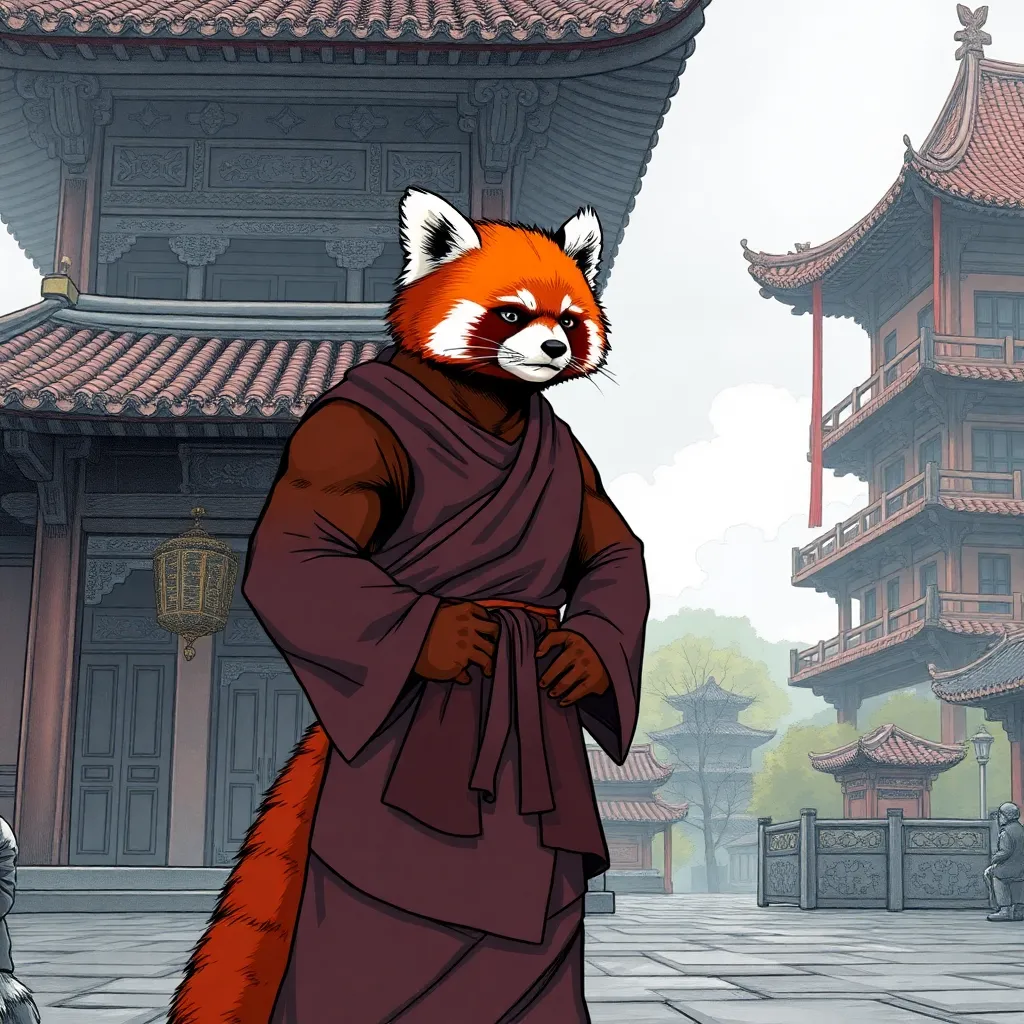 A muscular red panda in the body of a man in a monk's robe stands against the background of a Chinese temple in the Middle Ages