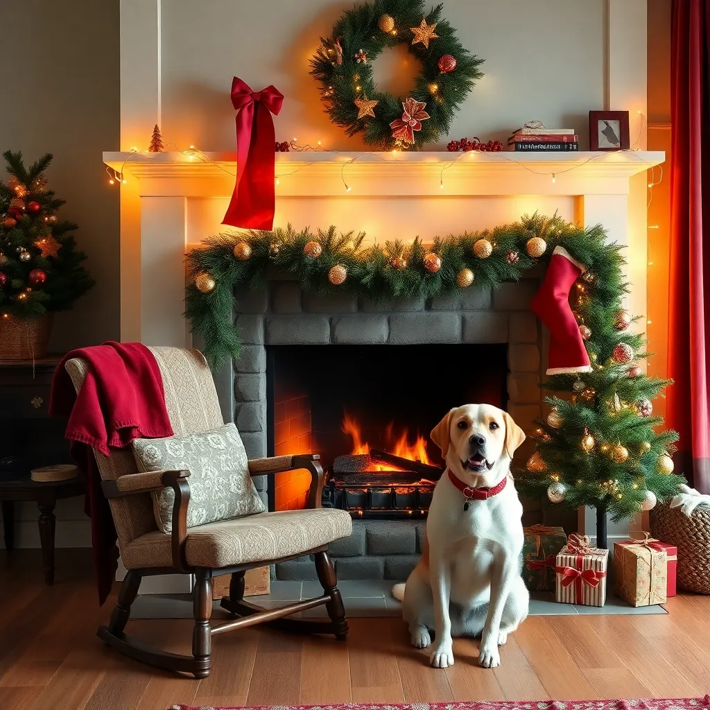 fireplace in house cristmas theme, chair and dog
