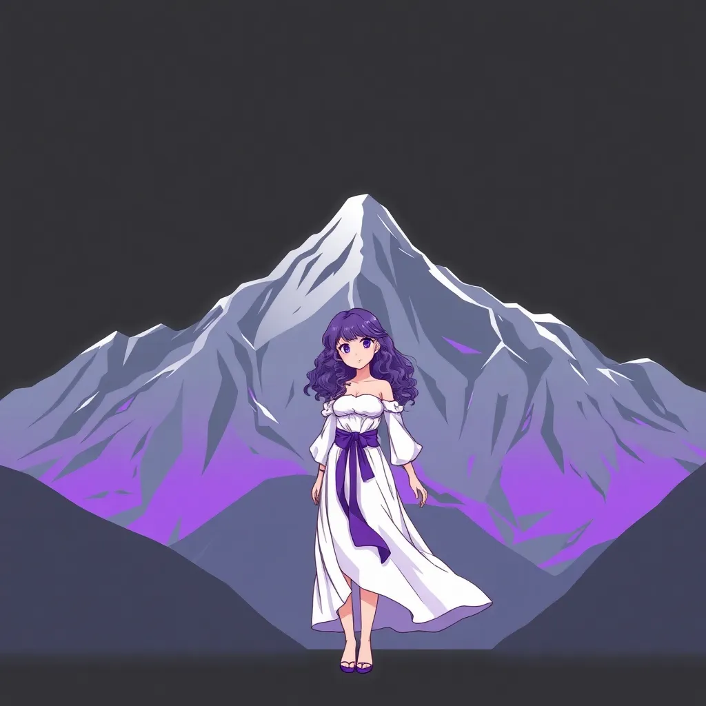 digital illustration of an anime girl standing in front of a majestic mountain range, set against a backdrop of a dark gray sky with purple and blue accents. The anime girl should be dressed in a flowing white dress with a purple sash, and have long, curly purple hair. The mountains should be depicted in various shades of gray, with purple and blue highlights to match the color palette of the original image. The overall style should be reminiscent of the original image, with bold lines, vibrant colors, and a sense of depth and dimensionality. The anime girl should be positioned in the center of the image, with the mountains rising up behind her and the sky stretching out above. The image should be designed to be used as a wallpaper