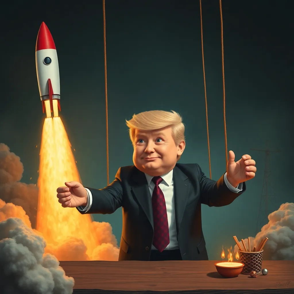 Putin as a puppet master controlling a bragging trump and a expressive musk during a rocket launching