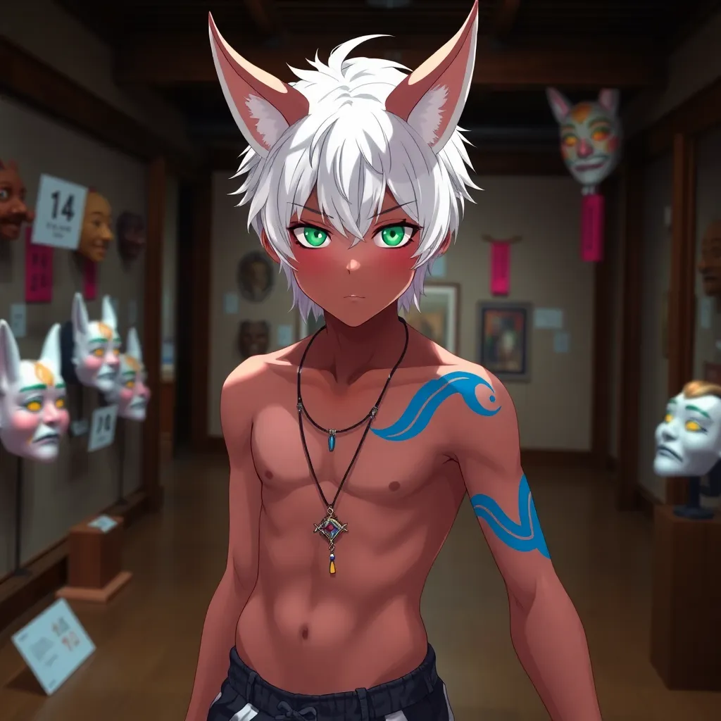 anime boy, young, 14 year old, green eyes, slit pupils, shirtless, fox ears, horns, white hair, dark skin, shorts, necklace, blue tattoo, fluorescent rainbow paint, bubblegum aesthetic, fullbody, Japanese museum, masks on display, dynamic angle