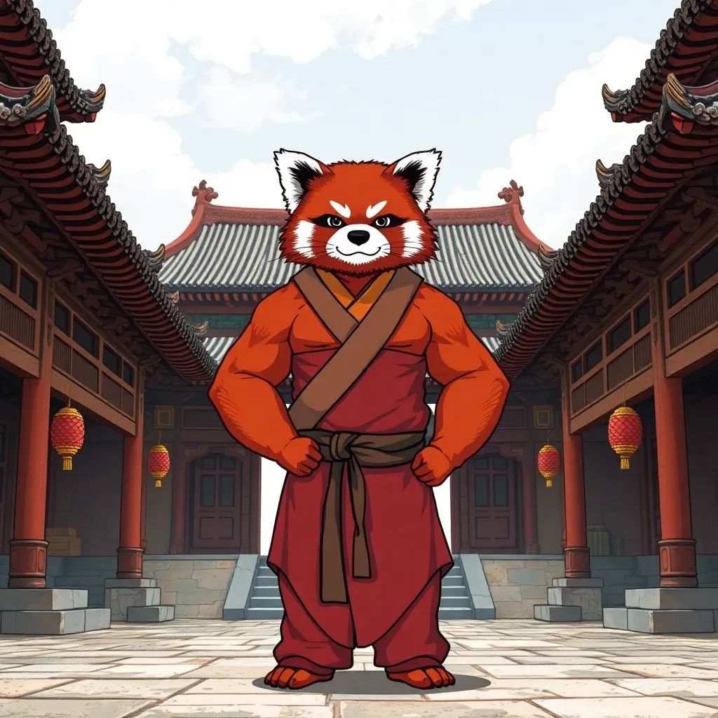 A muscular red panda in the body of a man in a monk's robe stands against the background of a Chinese temple in the Middle Ages