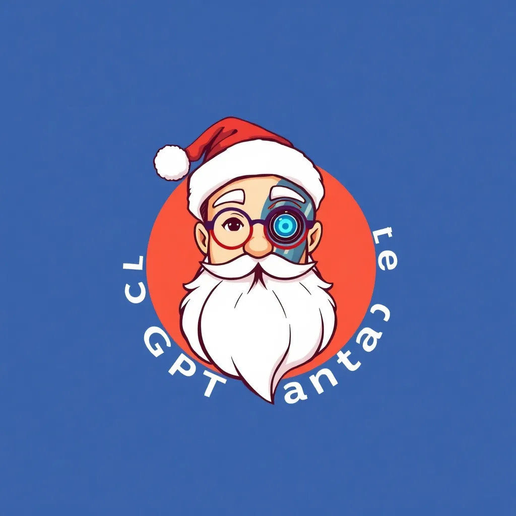 Design a friendly and symmetrical logo for 'GPT Santa' within a circular frame. The design should feature a half-and-half face: one half is a warm, cheerful Santa-like wizard with a fluffy white beard, round glasses, and a soft, welcoming expression, symbolizing kindness and magic. The other half represents a friendly robot with smooth metallic skin, glowing blue circuits, and a non-threatening mechanical eye, symbolizing intelligence and technology.

The logo should include the text 'GPT Santa' curved along the top and bottom edges of the circle in a clean, modern sans-serif font. The text should be balanced and easy to read, seamlessly integrated into the circular design.

The illustration style should be a hand-drawn sketch with soft pencil-like lines and gentle shading, creating an approachable and artistic look. The overall color palette should be light and minimal, using warm whites and reds for the Santa-like wizard and metallic blues for the robot side. The design should feel harmonious, approachable, and non-threatening, blending the magical essence of Santa Claus with the futuristic charm of artificial intelligence.