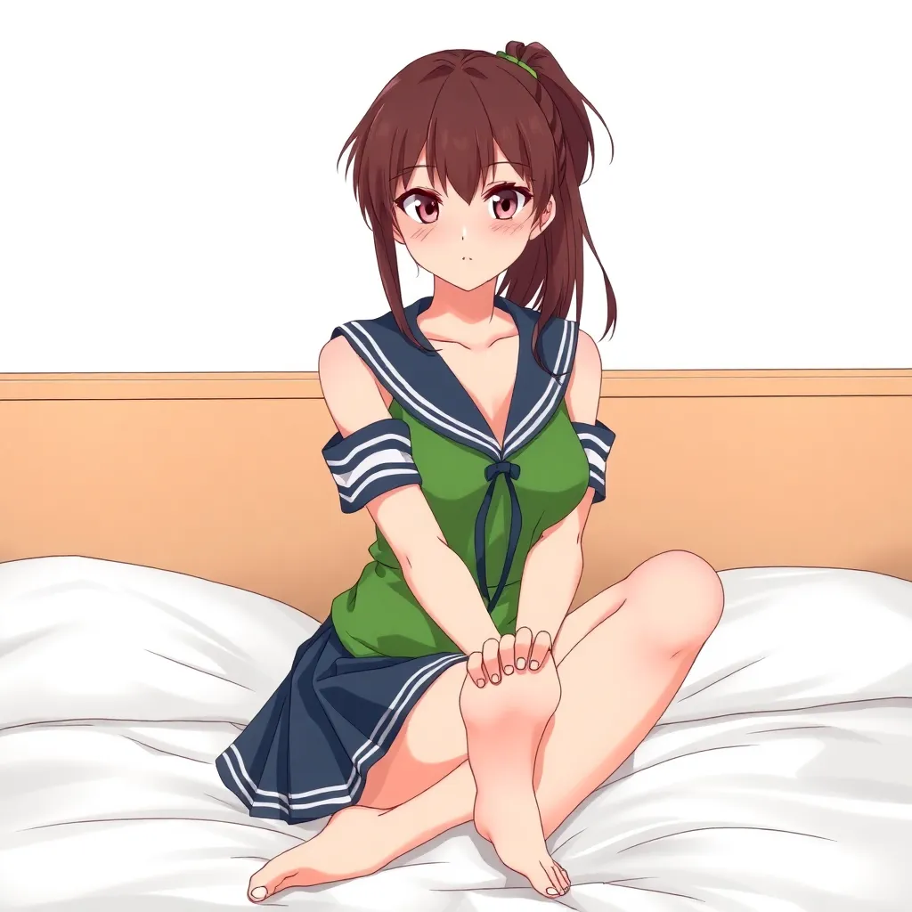 anime woman in a green sailor outfit sitting on a bed, brown hair pulled back into a ponytail, demonstrate her bare detailed feet