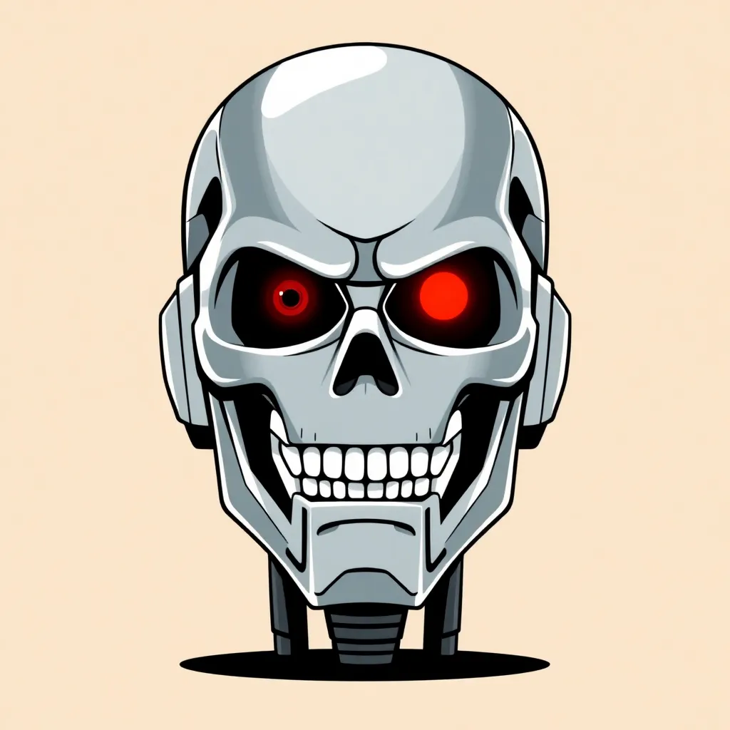 kind smiling T1000 terminator robot head, one red eye, profile picture, clean full-face straight front view, symmetric design, clean colored background, simple lines, minimalistic style, high contrast, large logo, vector drawing, material design style, digital art, flat colors, soft lighting, vibrant red and silver, frontal perspective, high quality