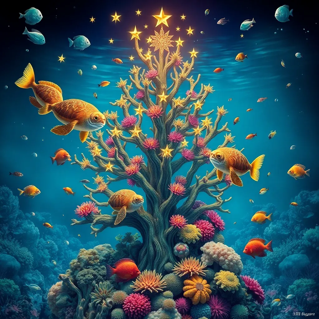 Fish swiming around the coral shaped as a new year tree, underwater new year evee, complex composition, detailed art, turtles, underwater stars, colored tropical fish