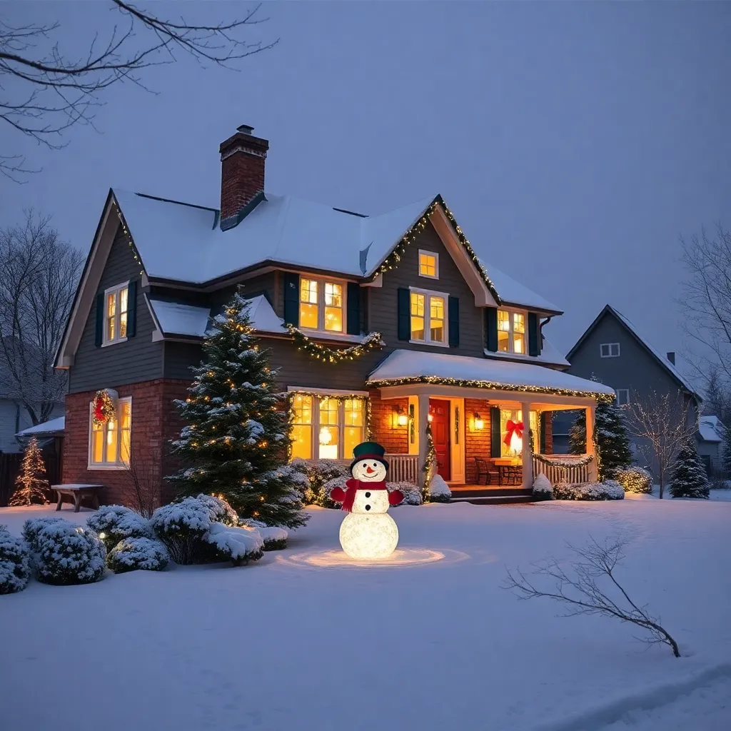 house in snow and lights, chrismas theme, snowman