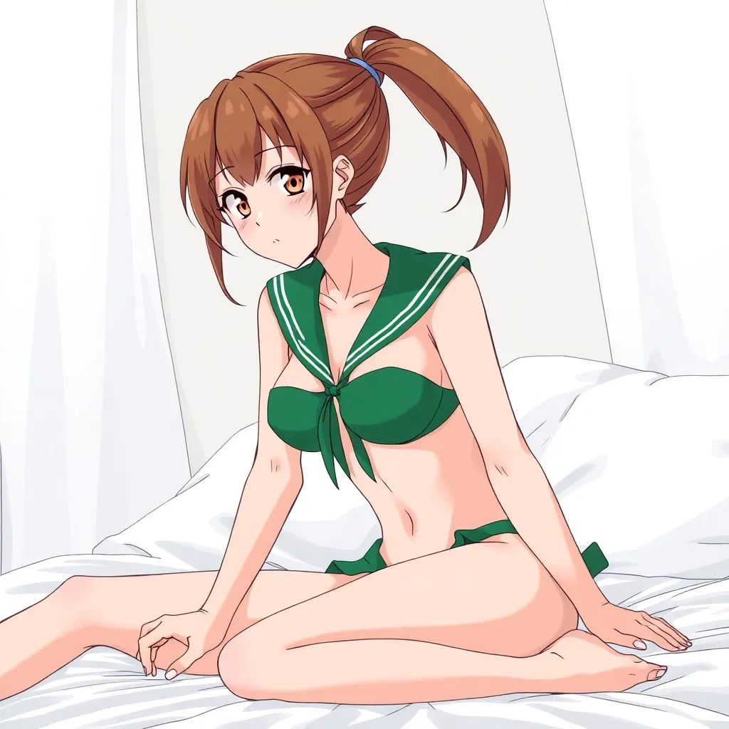 anime woman in a green sailor bikini sitting on a bed, brown hair pulled back into a ponytail, demonstrate her bare detailed feet