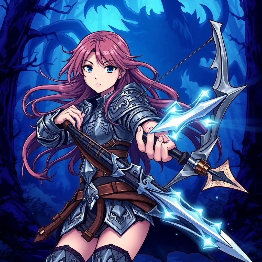 anime-style illustration of a young female monster hunter. She is dressed in fantasy armor, with intricate designs and light but durable metal plates, suited for agility. Her long hair flows dramatically, and she has a confident, focused expression. She wields a unique weapon—such as a bow with glowing arrows or a magical sword. The background is a dark forest with mist and large, eerie monster shadows, adding a sense of mystery. The atmosphere should feel intense, with a mix of blue and purple tones, highlighting her as a fierce yet graceful warrior