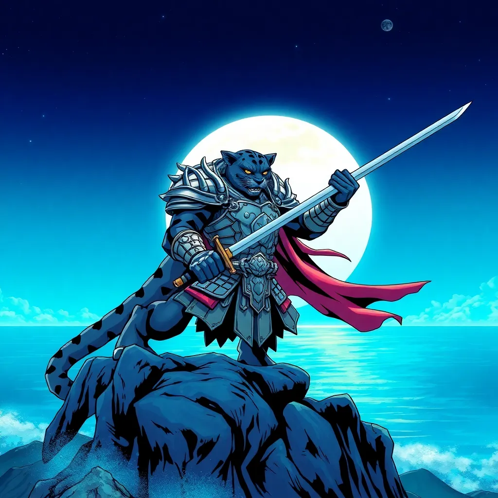 a huge panther in armor with a human body and a sword in his hand stands on a mountain, against the background of the ocean and the shining moon, making a movement with a sword