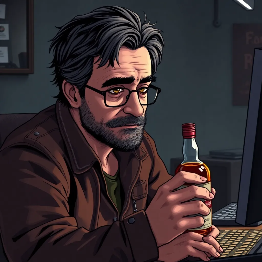 Photorealistic Dark-haired middle-aged sloppy programmer with bags under the eyes with slight stubble at a computer with a bottle of rum 