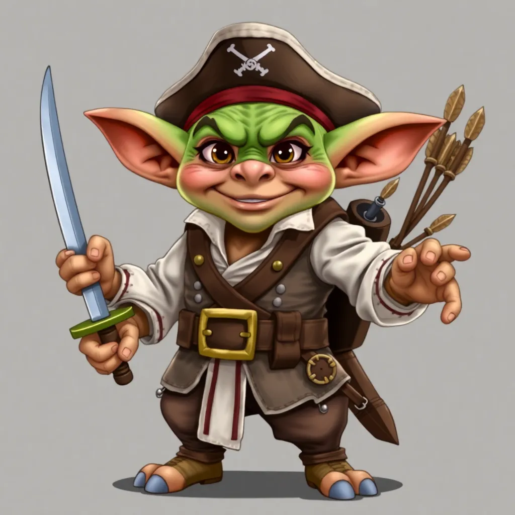 A fantastic goblin-like character with detailed hands and fingers, cute and funny in a pirate costume with a white shirt, brown vest and a large belt with a buckle, holding a sword and with a quiver of arrows on his back