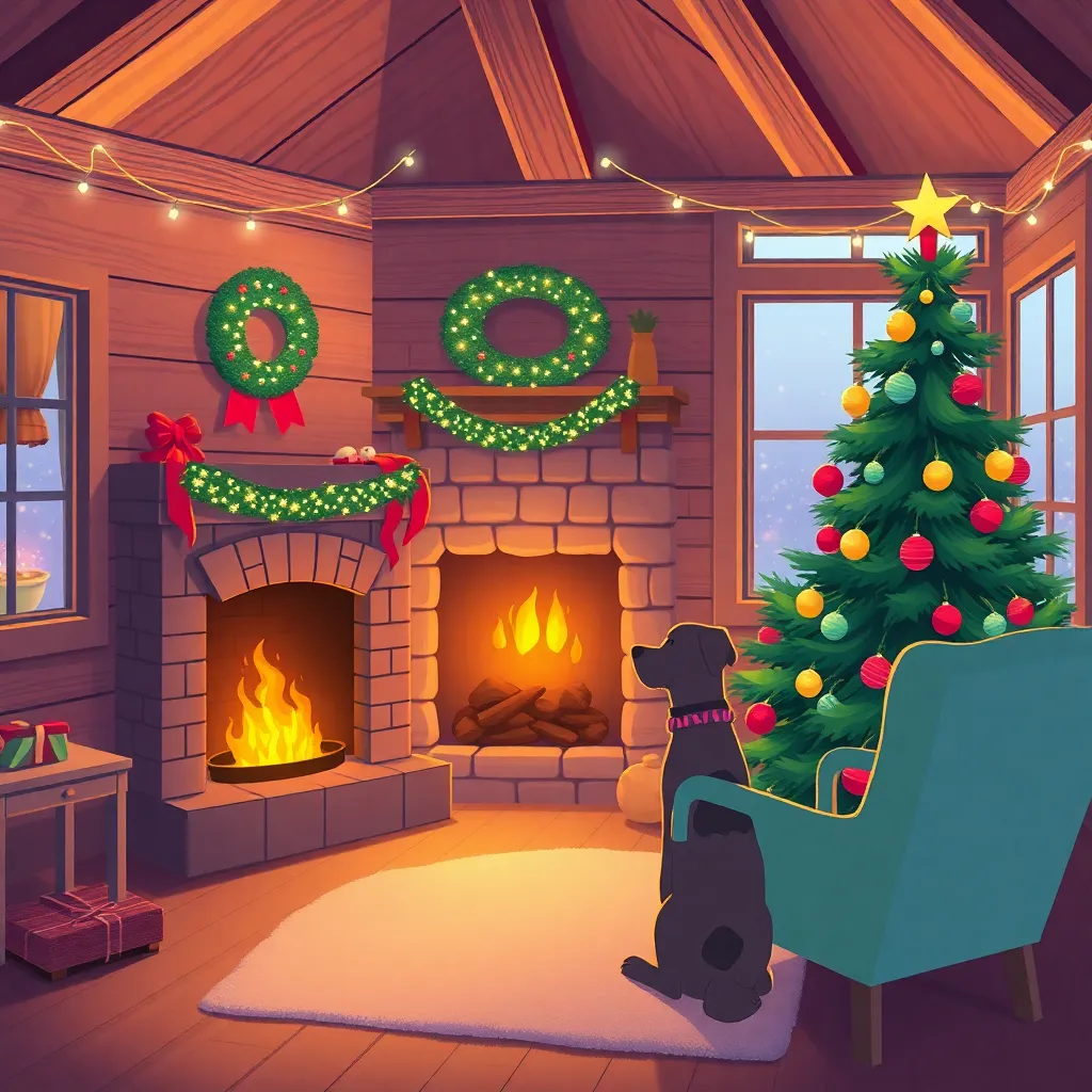 animation house room with fireplace and dog and chair christmas theme
